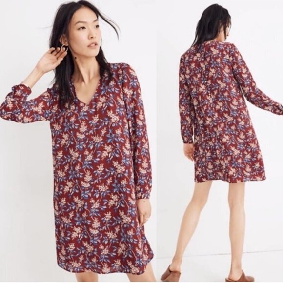 Madewell Burgundy Red Antique Floral Long Sleeve V-Neck Button-Back Shift Dress - Picture 1 of 16
